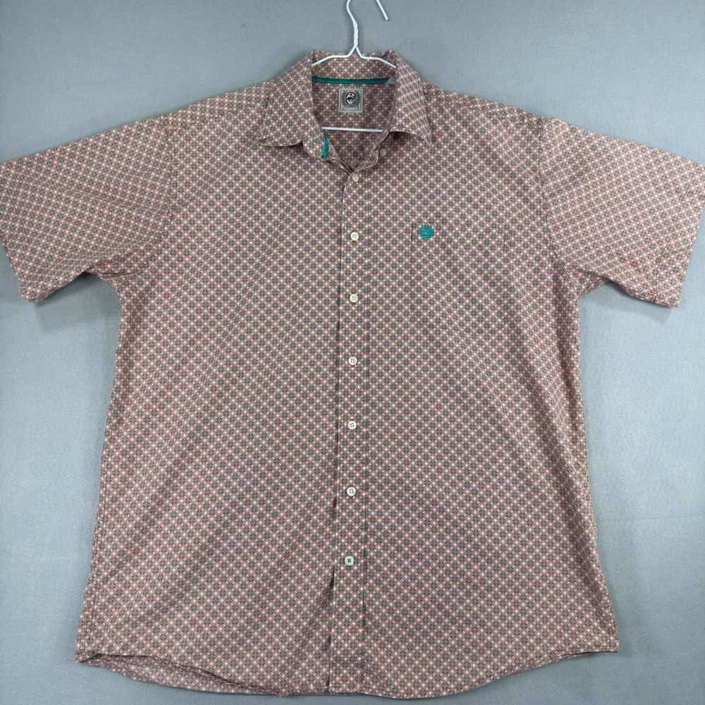 Cinch Mens Large Brown Teal Geometric Medallion Short Sleeve Button Down Shirt